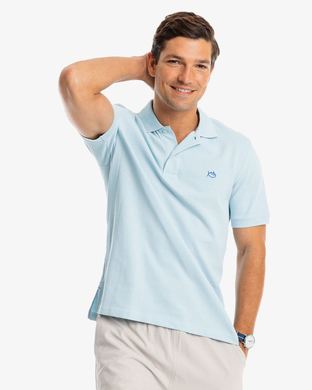 The model front view of the Men's New Skipjack Polo Shirt by Southern Tide - Aquamarine