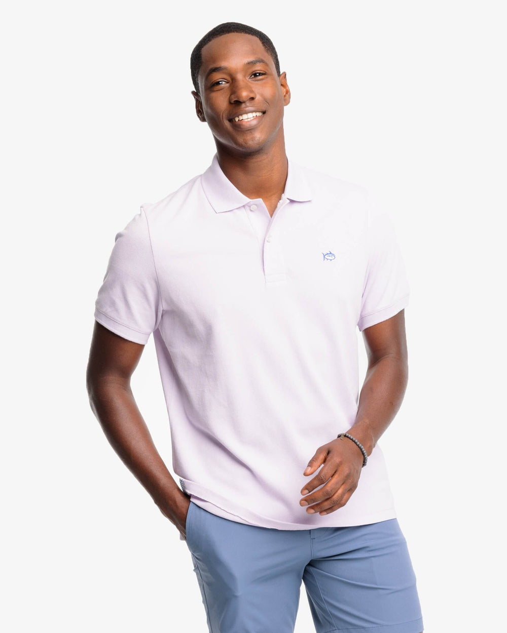 The model front view of the Men's New Skipjack Polo Shirt by Southern Tide - Orchid Petal