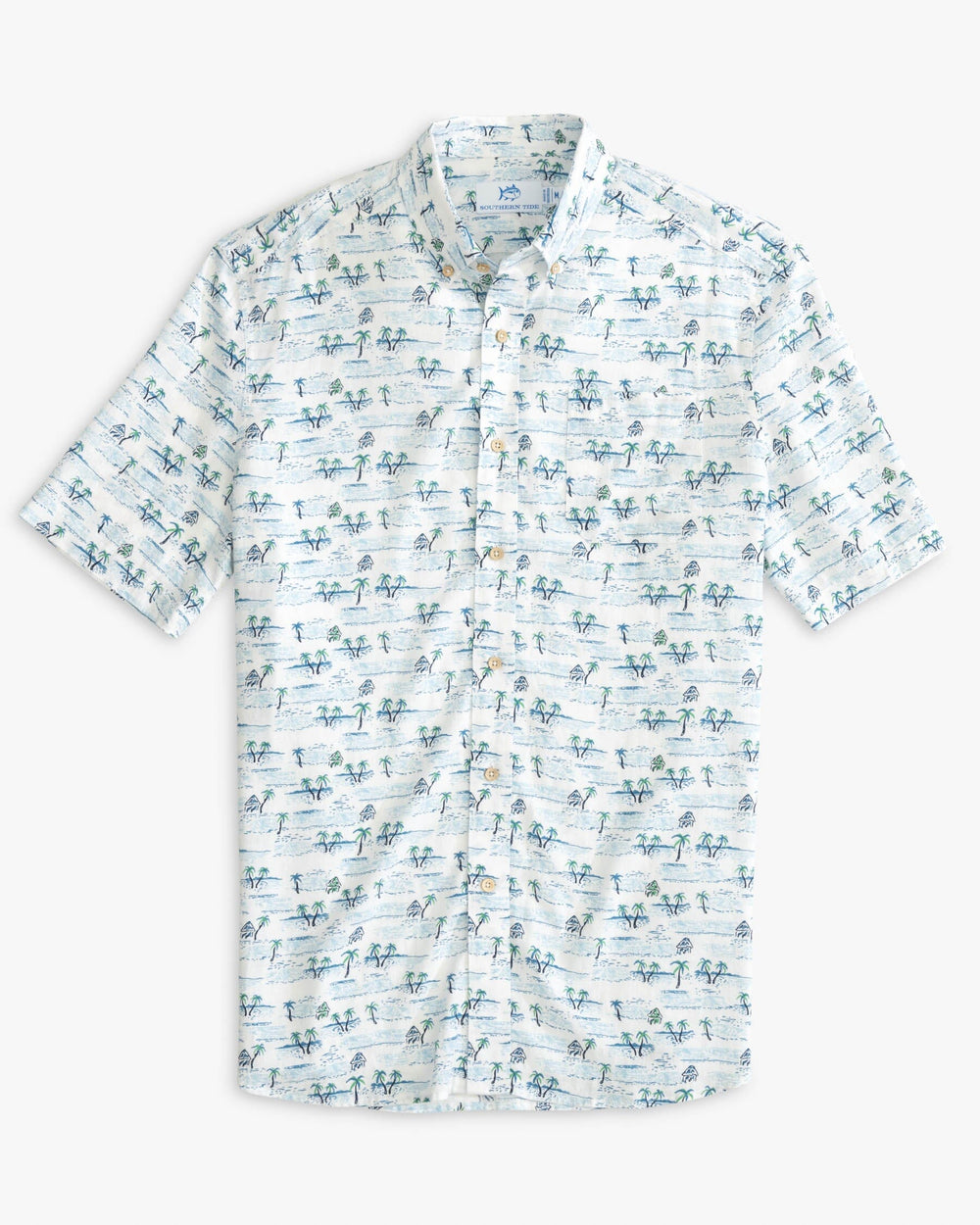 The front view of the Southern Tide Nice to Sea You Printed Short Sleeve Button Down Shirt by Southern Tide - Classic White