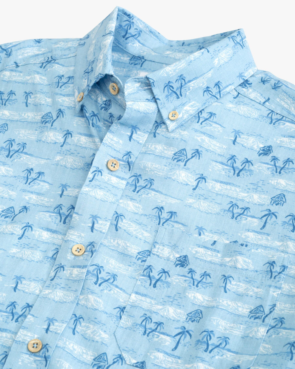 The detail view of the Southern Tide Nice to Sea You Printed Short Sleeve Button Down Shirt by Southern Tide - Rain Water