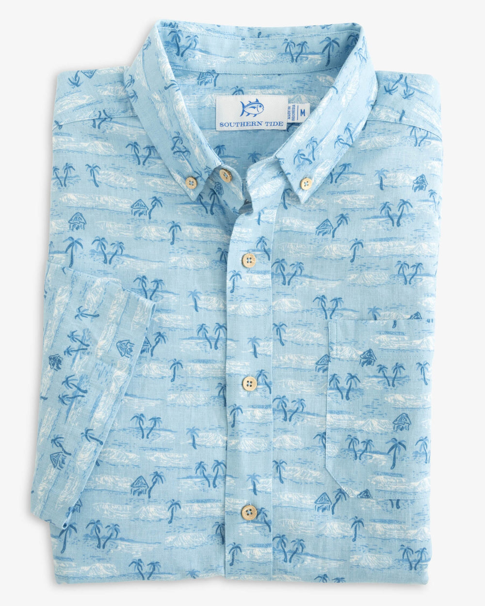 The folded view of the Southern Tide Nice to Sea You Printed Short Sleeve Button Down Shirt by Southern Tide - Rain Water