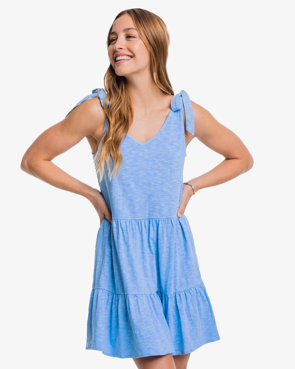 The front view of the Southern Tide Nicole Sun Farer Tiered Tank Dress by Southern Tide - Boat Blue