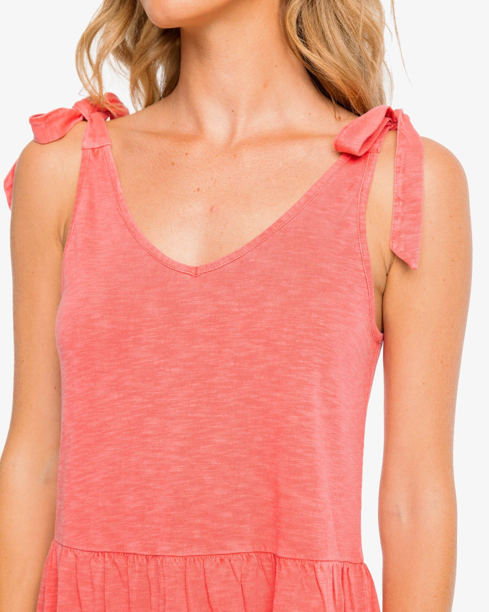 The detail view of the Southern Tide Nicole Sun Farer Tiered Tank Dress by Southern Tide - Sunkist Coral
