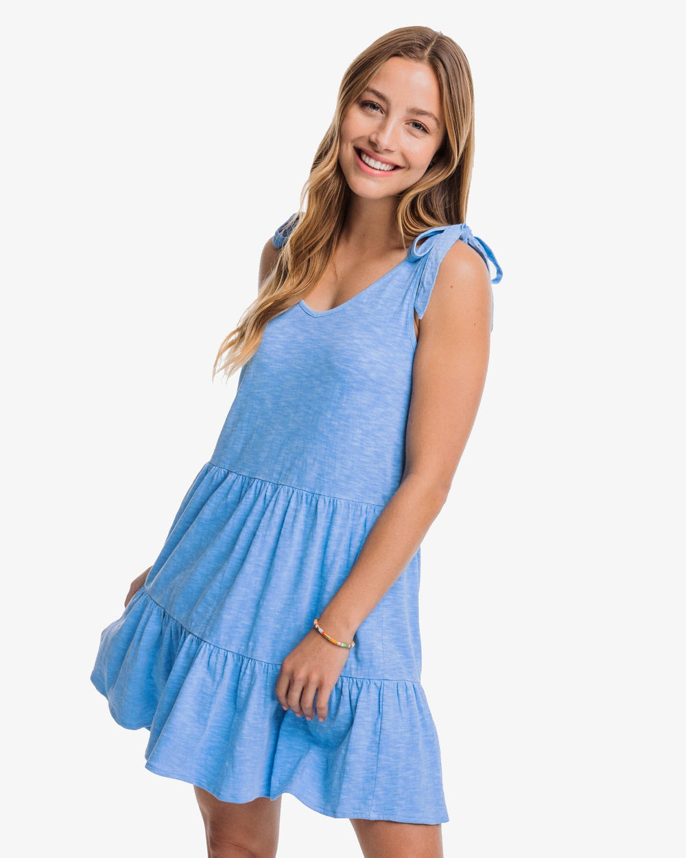 The angle front view of the Southern Tide Nicole Sun Farer Tiered Tank Dress by Southern Tide - Boat Blue