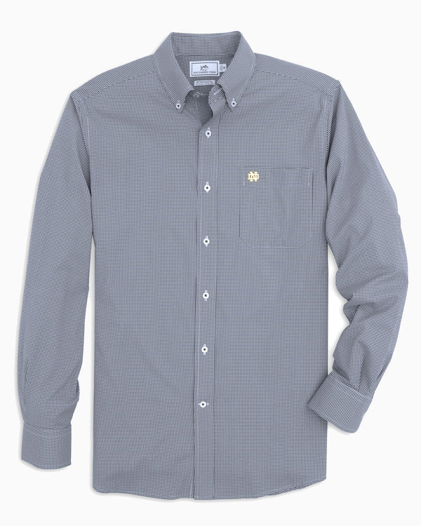 The front view of the Men's Navy Notre Dame Fighting Irish Gingham Button Down Shirt by Southern Tide - Navy