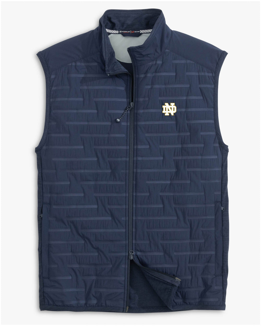 The front view of the Southern Tide Notre Dame Fighting Irish Tide Abercorn Vest by Southern Tide - True Navy