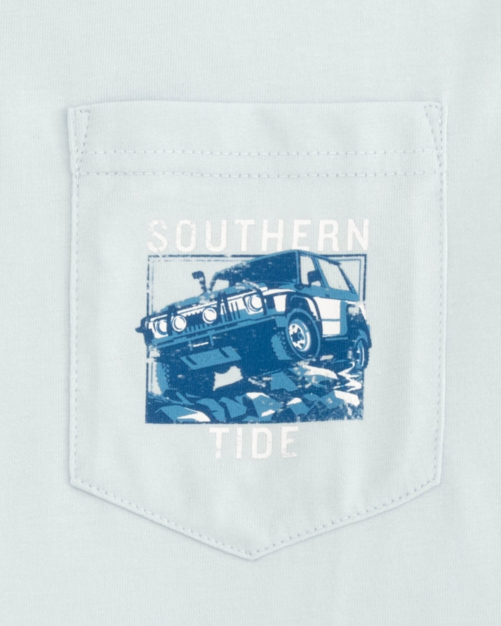 The detail view of the Off Shore To Off Road Long Sleeve T-Shirt by Southern Tide - Iceberg Blue