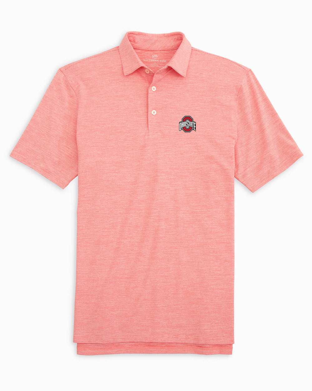 The front of the Ohio State Buckeyes Driver Spacedye Polo Shirt by Southern Tide - Varsity Red