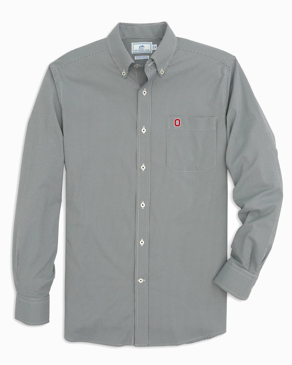 The front view of the Men's Black Ohio State Buckeyes Gingham Button Down Shirt by Southern Tide - Black