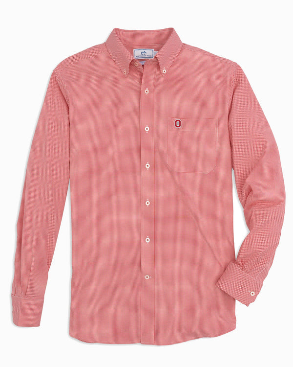 The front view of the Men's Red Ohio State Buckeyes Gingham Button Down Shirt by Southern Tide - Varsity Red