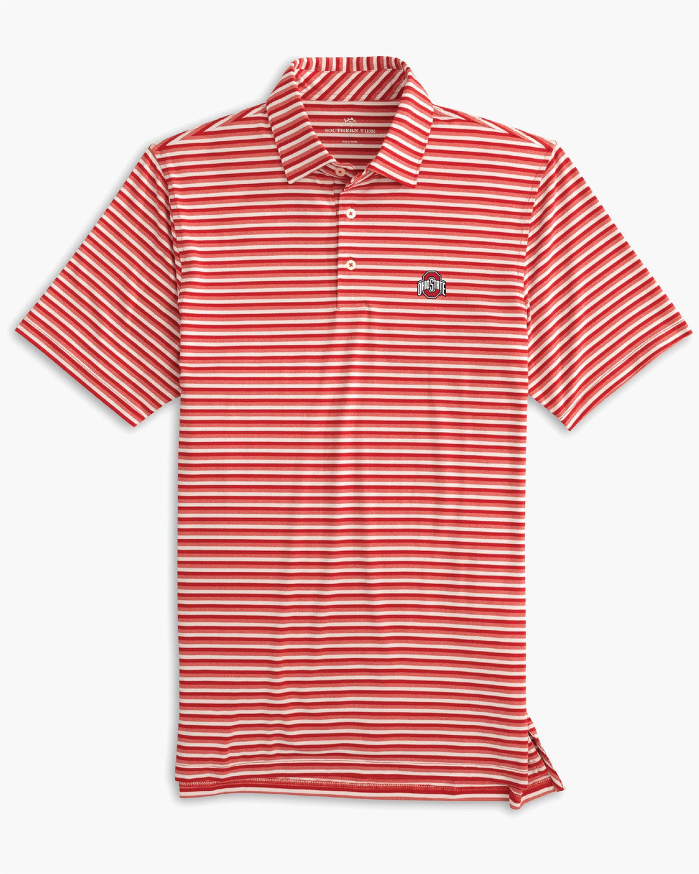 The front of the Men's Ohio State Buckeyes Heathered Striped Performance Polo Shirt - Varsity Red