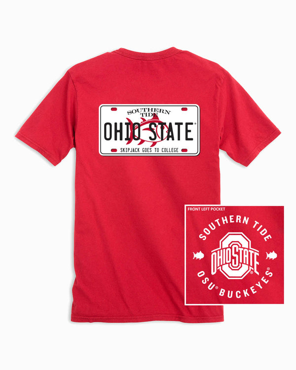 The front and back view of the Ohio State Buckeyes License Plate T-Shirt by Southern Tide - Varsity Red
