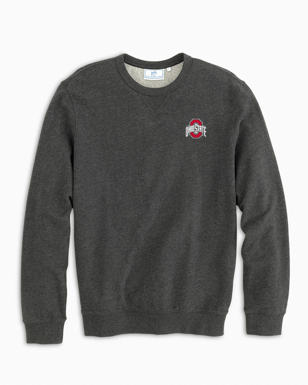 The front of the Men's Ohio State Buckeyes Upper Deck Pullover Sweatshirt by Southern Tide - Heather Black