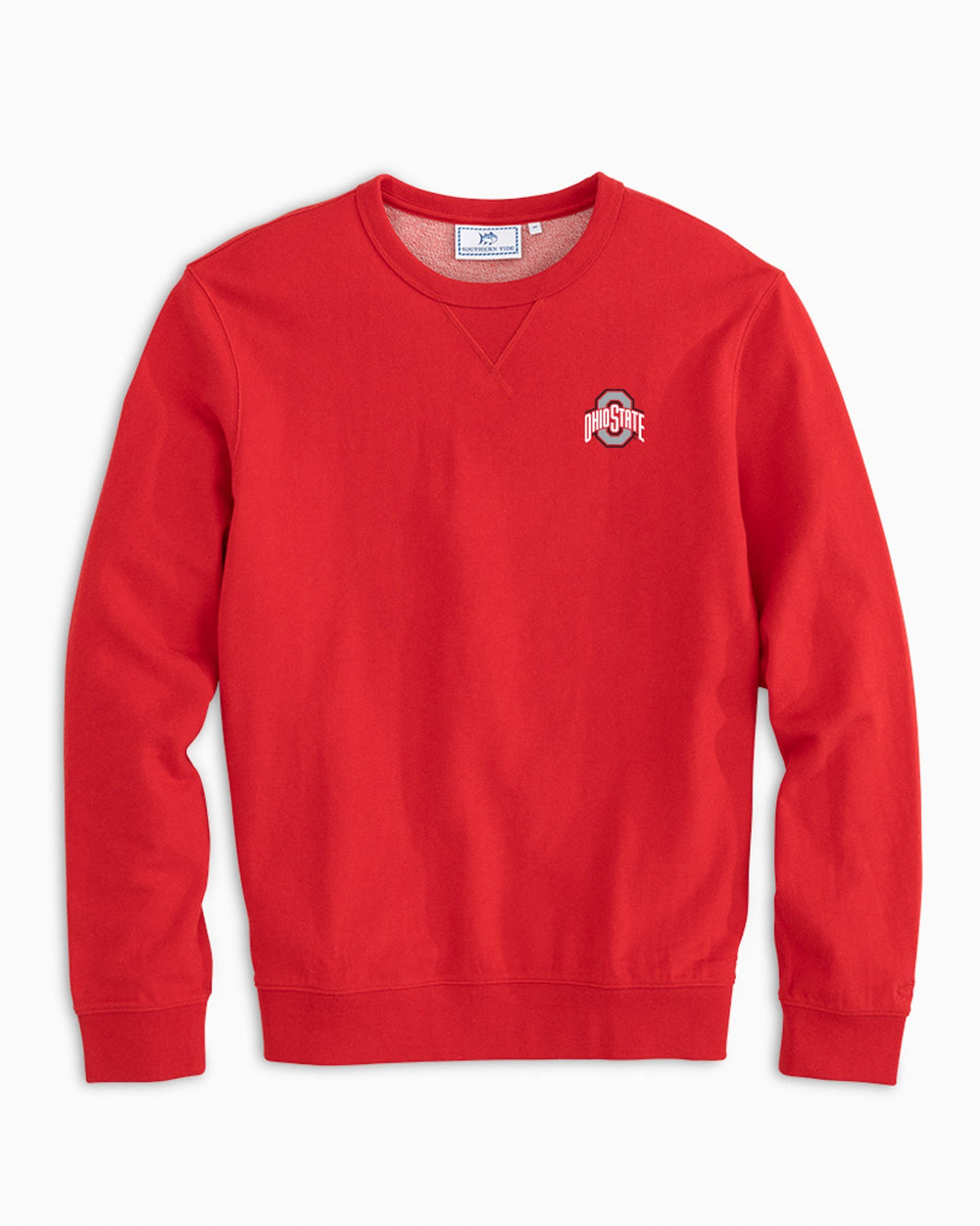 The front of the Men's Ohio State Buckeyes Upper Deck Pullover Sweatshirt by Southern Tide - Heather Varsity Red