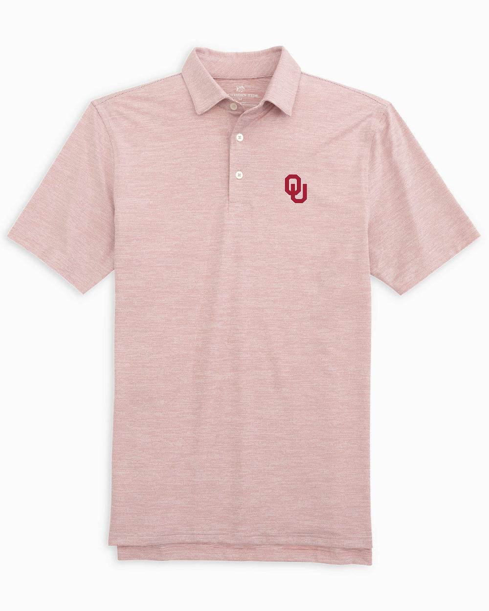 The front view of the Oklahoma Sooners Driver Spacedye Polo Shirt by Southern Tide - Crimson