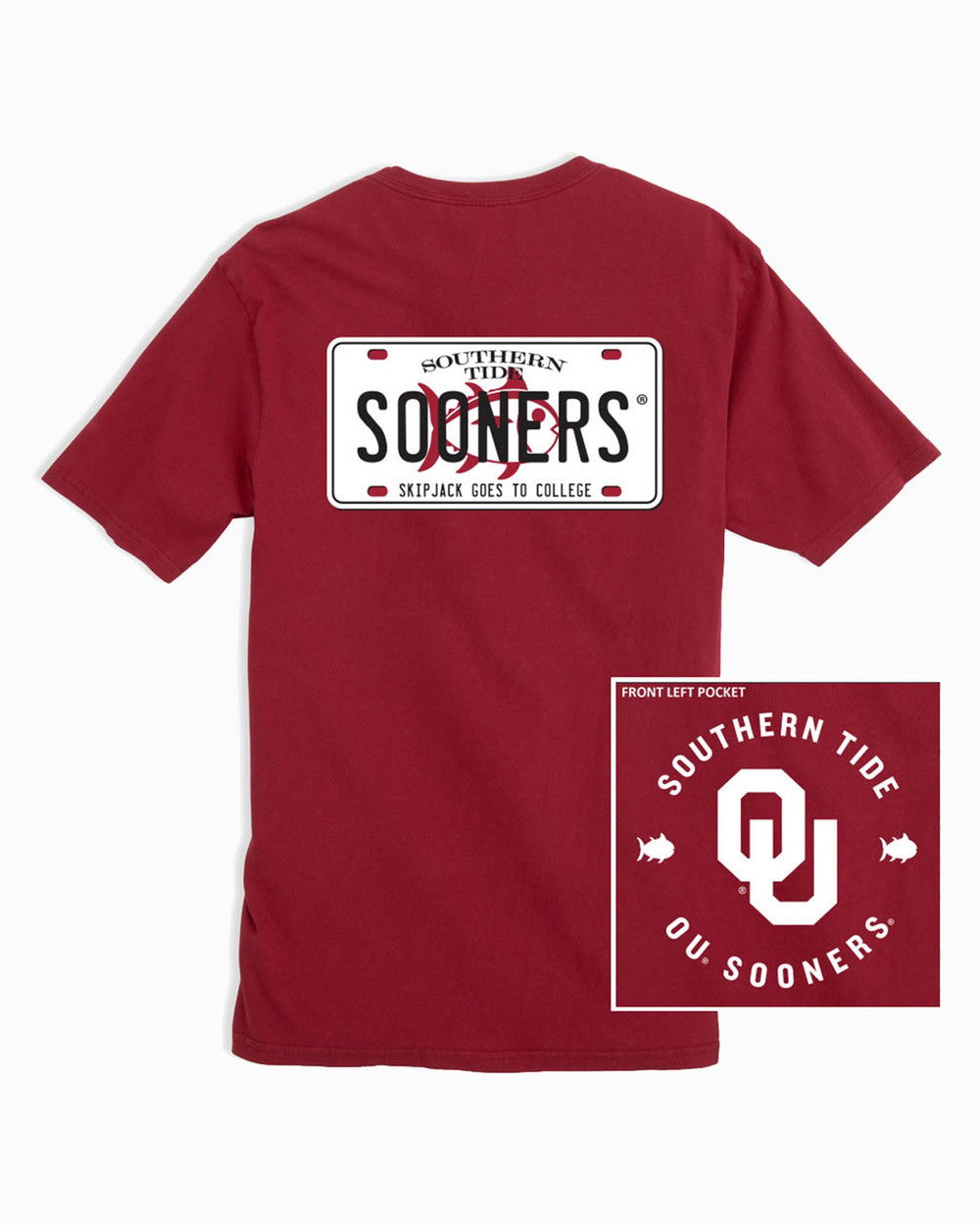 The front and back of the Oklahoma Sooners License Plate T-Shirt by Southern Tide - Crimson