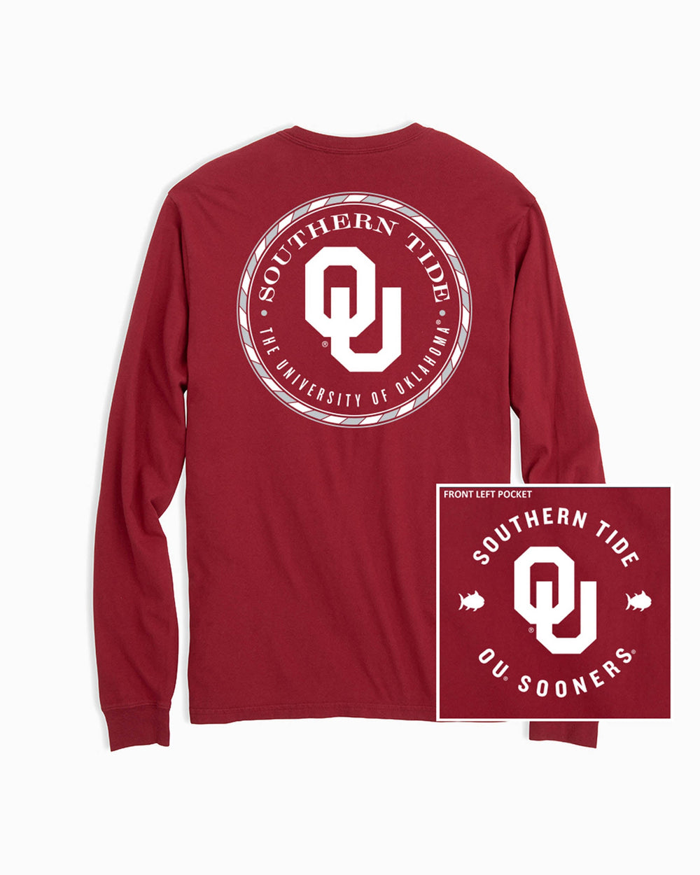 The back view of the Oklahoma Sooners Long Sleeve Medallion Logo T-Shirt by Southern Tide - Crimson