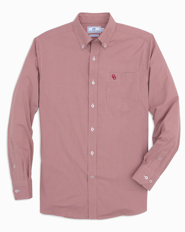 The front view of the Men's Red Oklahoma Sooners Gingham Button Down Shirt by Southern Tide - Crimson