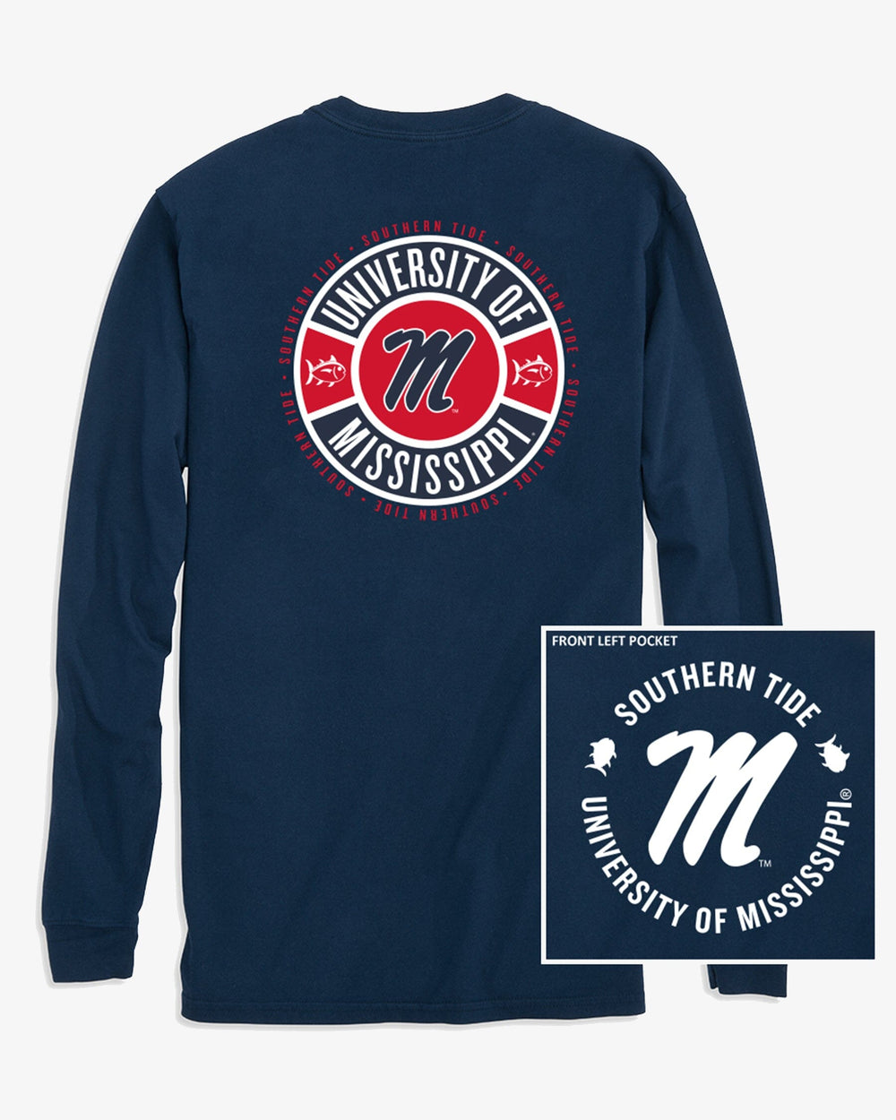 The back view of the Southern Tide Ole Miss Rebels Ring Badge T-Shirt by Southern Tide - Navy