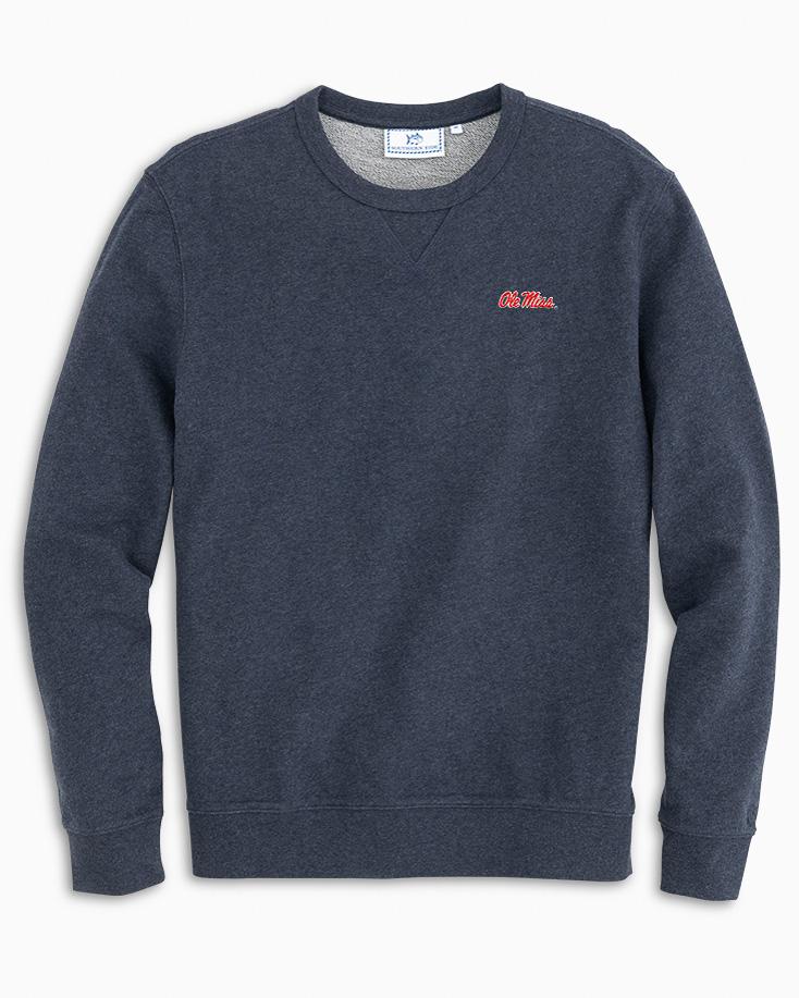 The front view of the Men's Navy Ole Miss Upper Deck Pullover Sweatshirt by Southern Tide - Heather Navy