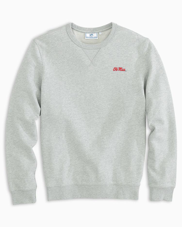 The front view of the Men's Grey Ole Miss Upper Deck Pullover Sweatshirt by Southern Tide - Heather Slate Grey
