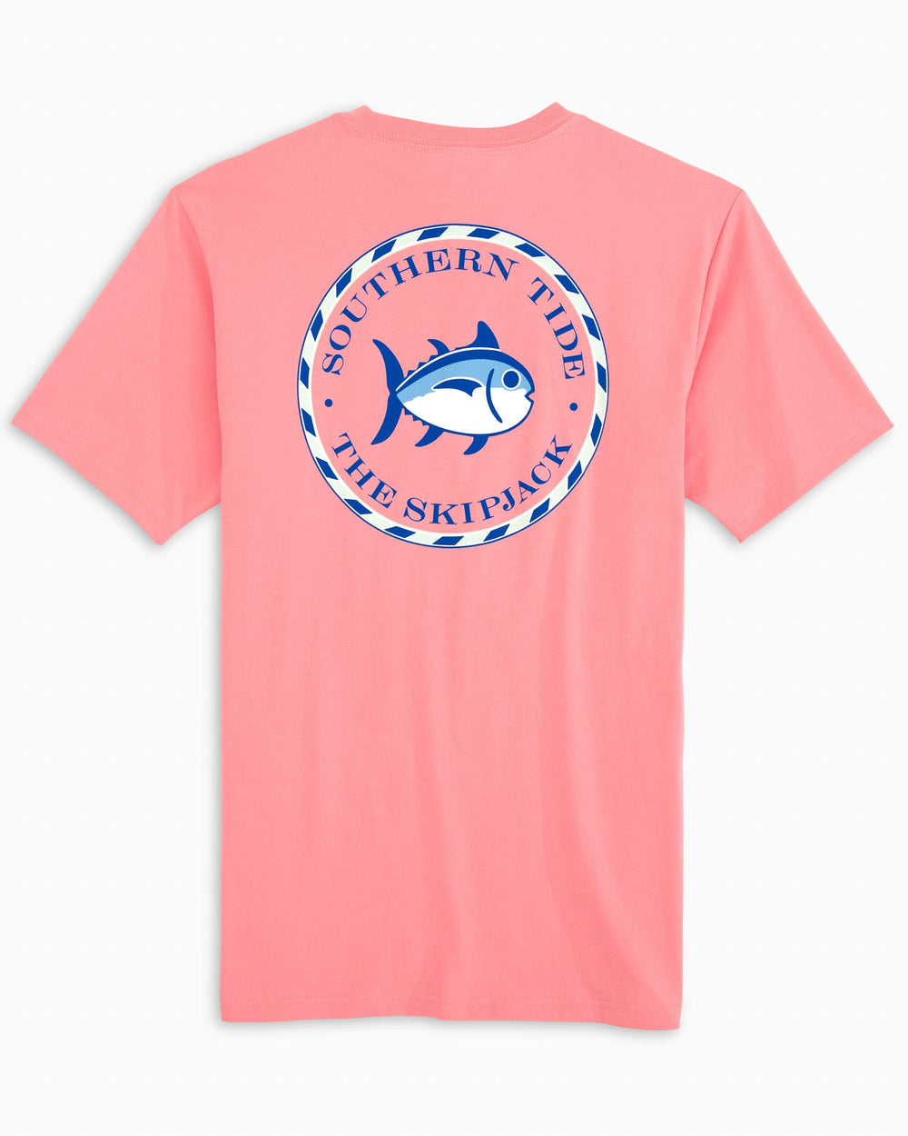 The model back view of the Women's Original Skipjack Medallion T-Shirt by Southern Tide - Citrus Punch