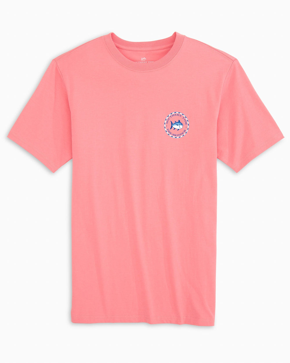 The model front view of the Women's Original Skipjack Medallion T-Shirt by Southern Tide - Citrus Punch