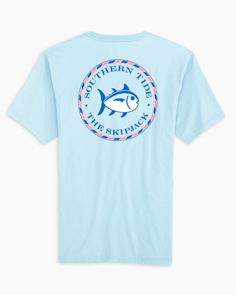 The model back view of the Women's Original Skipjack Medallion T-Shirt by Southern Tide - Dream Blue