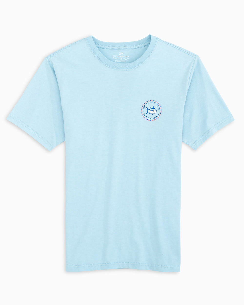 The model front view of the Women's Original Skipjack Medallion T-Shirt by Southern Tide - Dream Blue