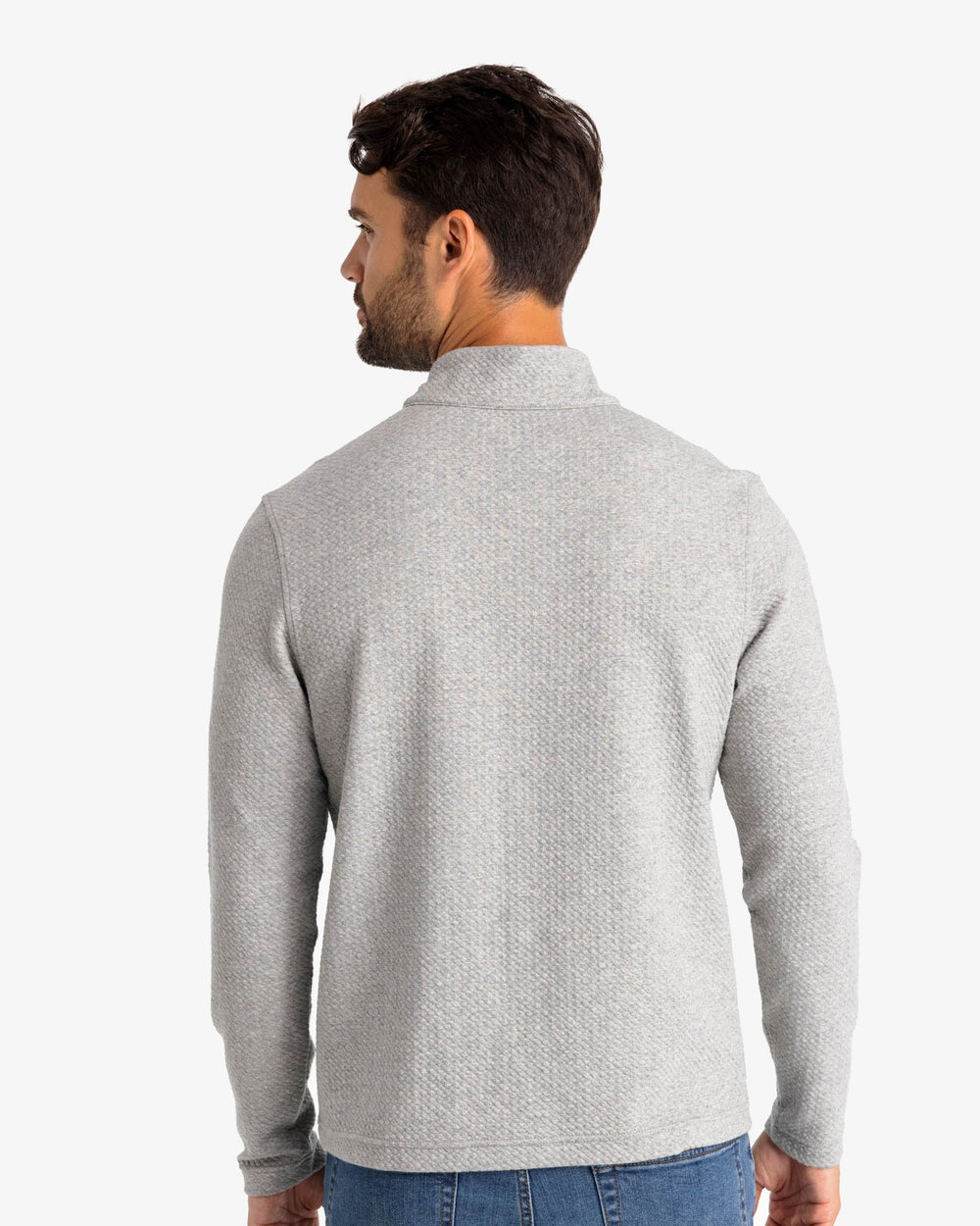 The back view of the Outbound Quarter Zip Pullover by Southern Tide - Heather Mid Grey