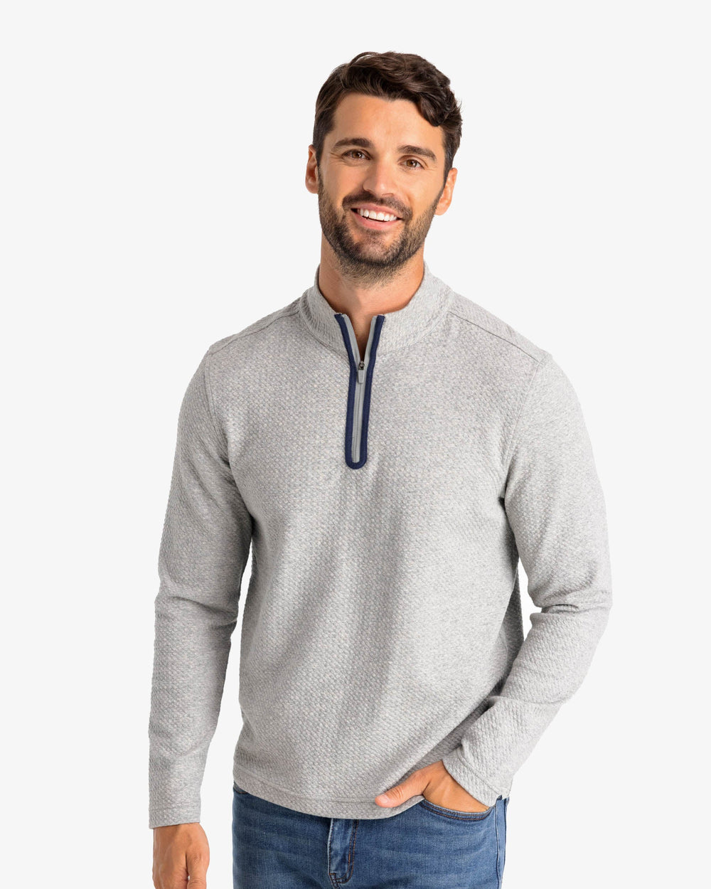The front view of the Outbound Quarter Zip Pullover by Southern Tide - Heather Mid Grey