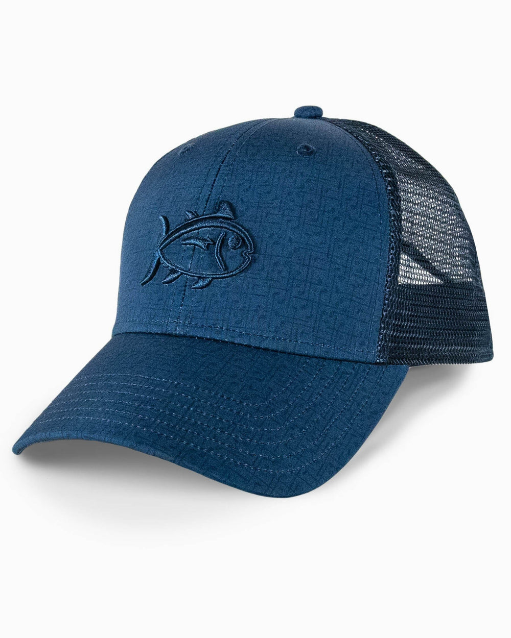 The front view of the Southern Tide Over Clubbin' Print Performance Trucker by Southern Tide - Navy