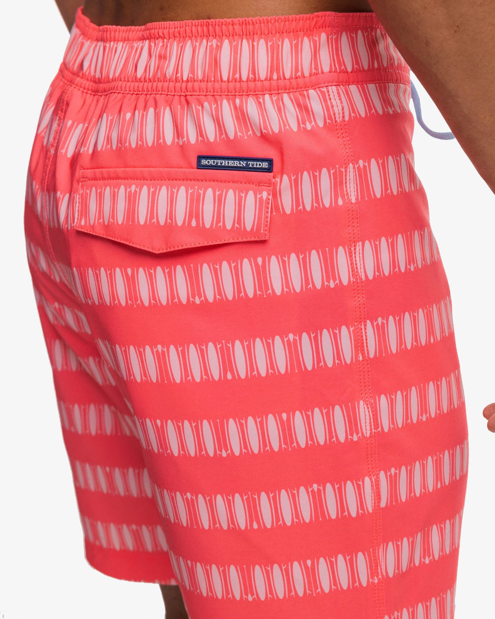 The detail view of the Southern Tide Paddlin Out Printed Swim Short by Southern Tide - Sunkist Coral