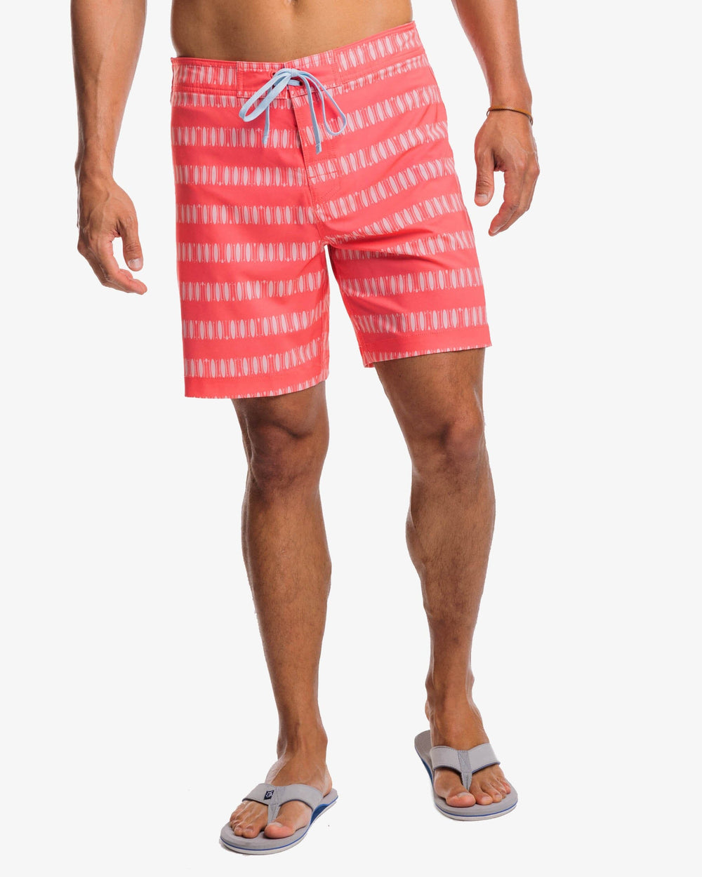 The front view of the Southern Tide Paddlin Out Printed Swim Short by Southern Tide - Sunkist Coral
