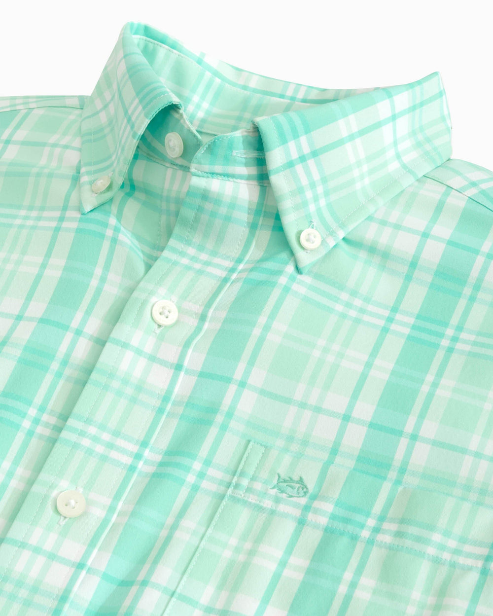 The detail view of the Southern Tide Palm Cayon Plaid Intercoastal Sport Shirts by Southern Tide - Baltic Teal