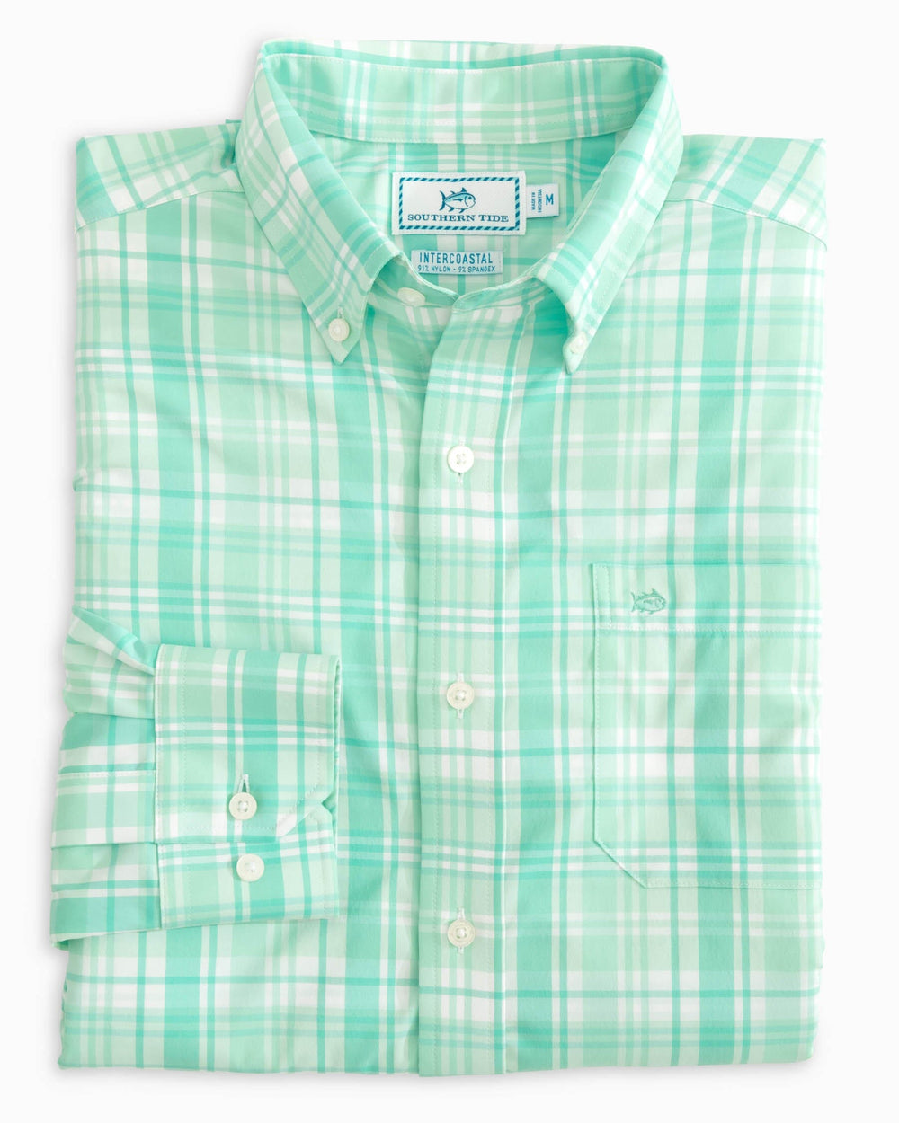 The folded front view of the Southern Tide Palm Cayon Plaid Intercoastal Sport Shirts by Southern Tide - Baltic Teal