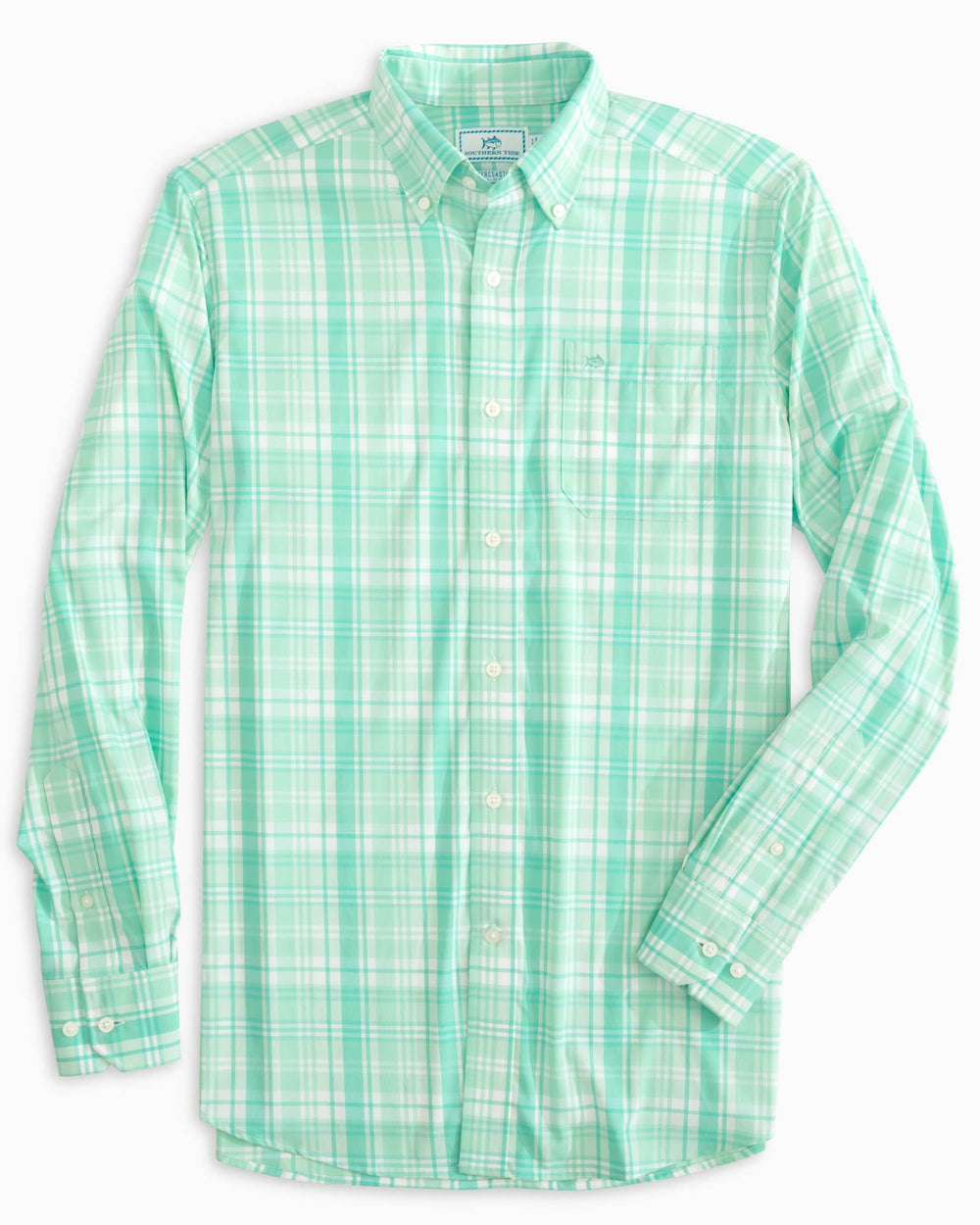 The front view of the Southern Tide Palm Cayon Plaid Intercoastal Sport Shirts by Southern Tide - Baltic Teal