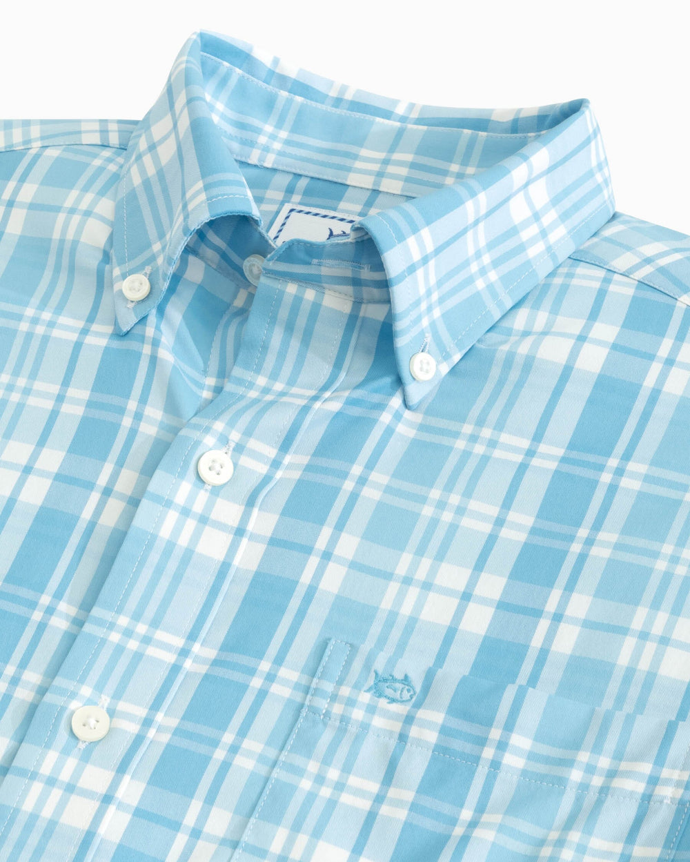 The detail view of the Southern Tide Palm Cayon Plaid Intercoastal Sport Shirts by Southern Tide - Rain Water