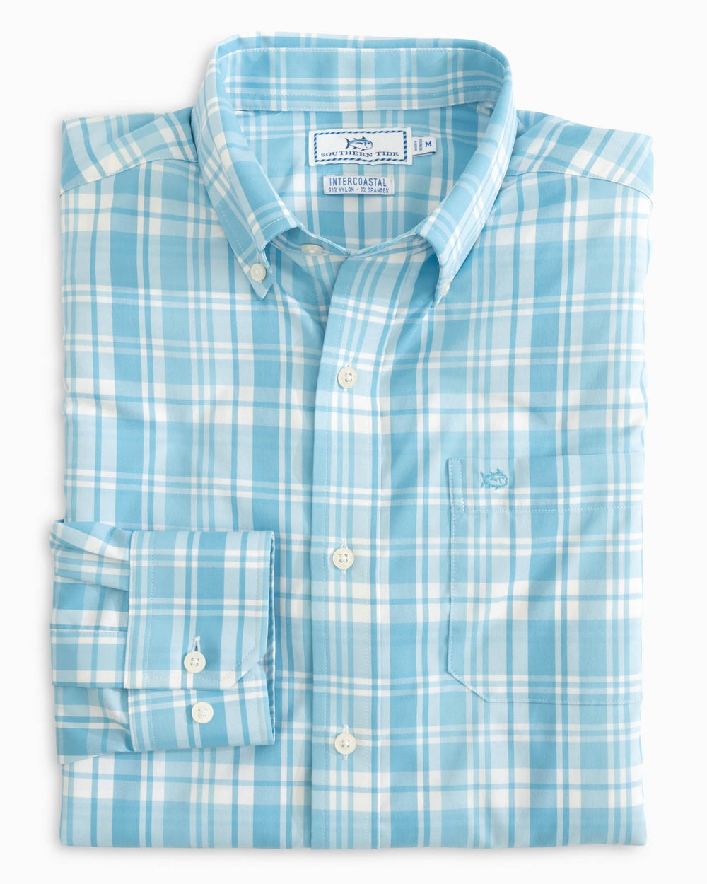 The folded front view of the Southern Tide Palm Cayon Plaid Intercoastal Sport Shirts by Southern Tide - Rain Water