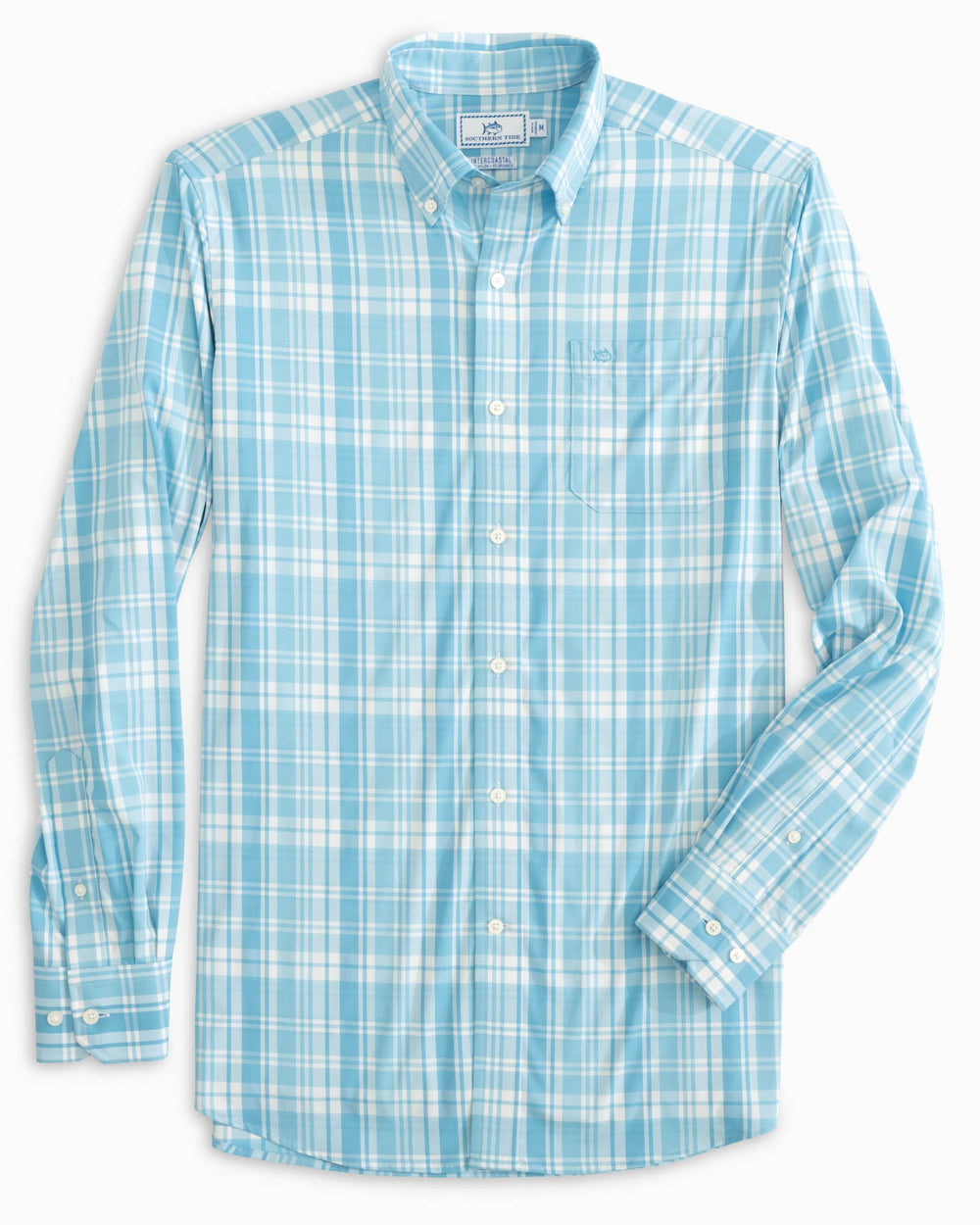 The front view of the Southern Tide Palm Cayon Plaid Intercoastal Sport Shirts by Southern Tide - Rain Water