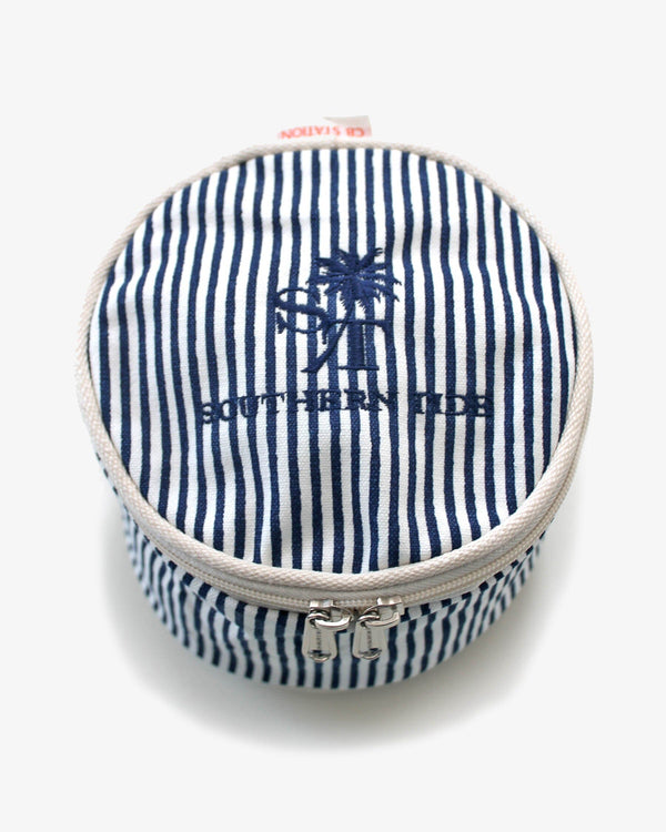 The front view of the Southern Tide Palm Striped Circle Case by Southern Tide - Navy