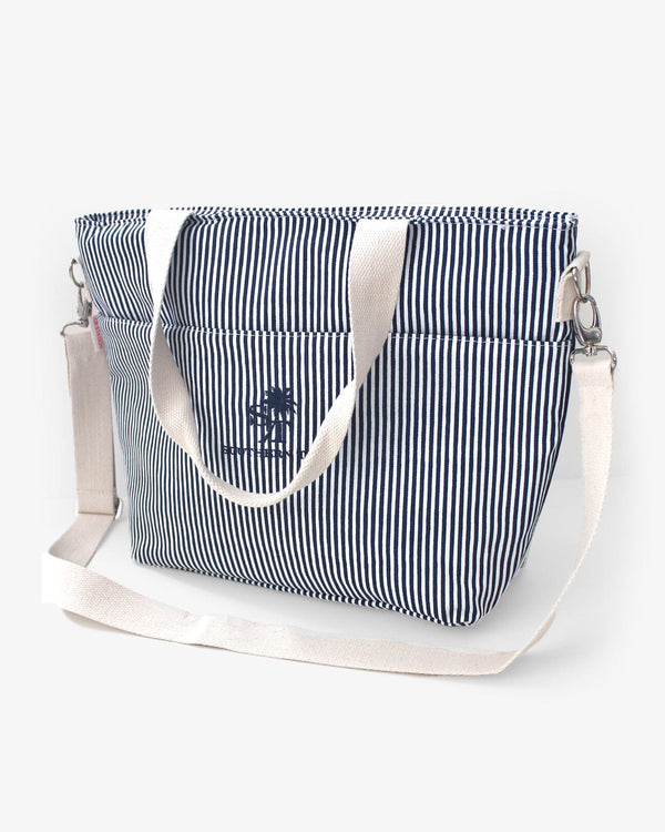 The front view of the Palm Stripes Cooler by Southern Tide - Navy
