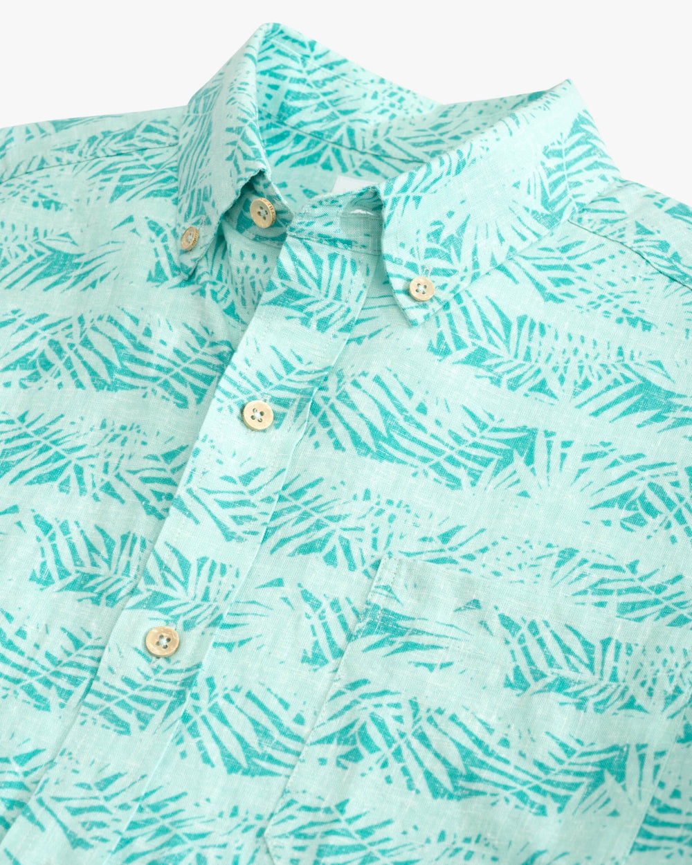 The detail view of the Southern Tide Palmy Stripe Short Sleeve Button Down Shirt by Southern Tide - Tidal Wave