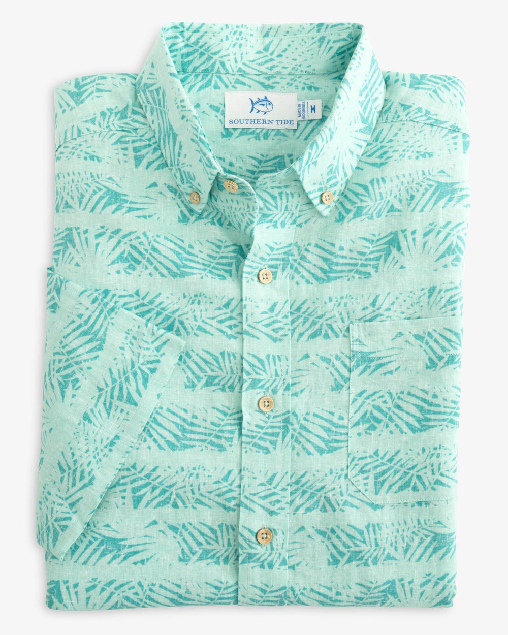 The folded view of the Southern Tide Palmy Stripe Short Sleeve Button Down Shirt by Southern Tide - Tidal Wave