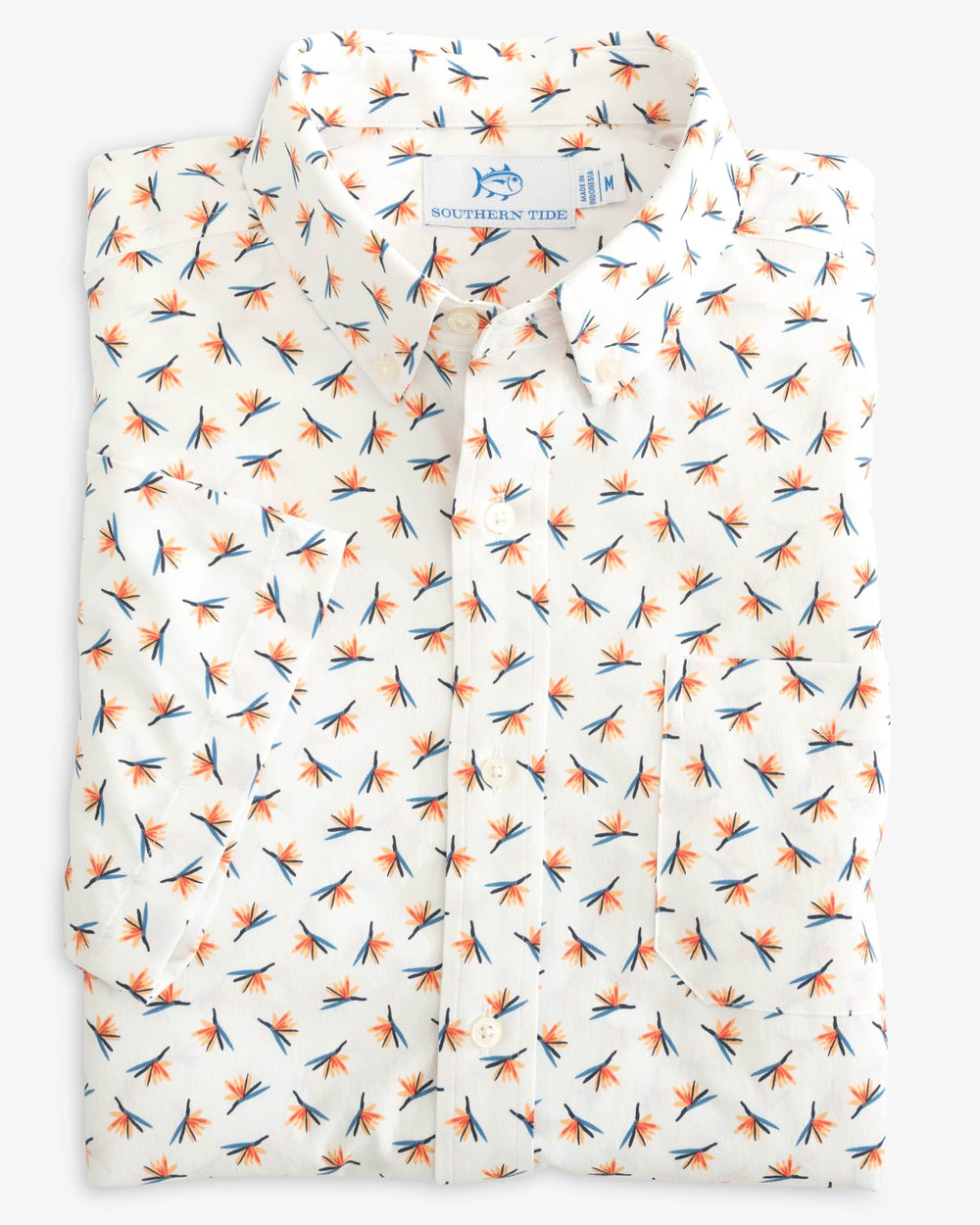 The folded view of the Southern Tide Paradise Park Printed Intercoastal Short Sleeve Button Down by Southern Tide - Classic White