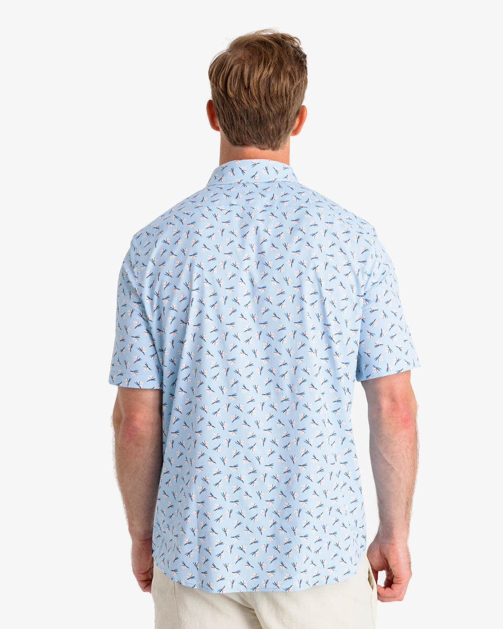 The back view of the Southern Tide Paradise Park Printed Intercoastal Short Sleeve Button Down by Southern Tide - Rain Water