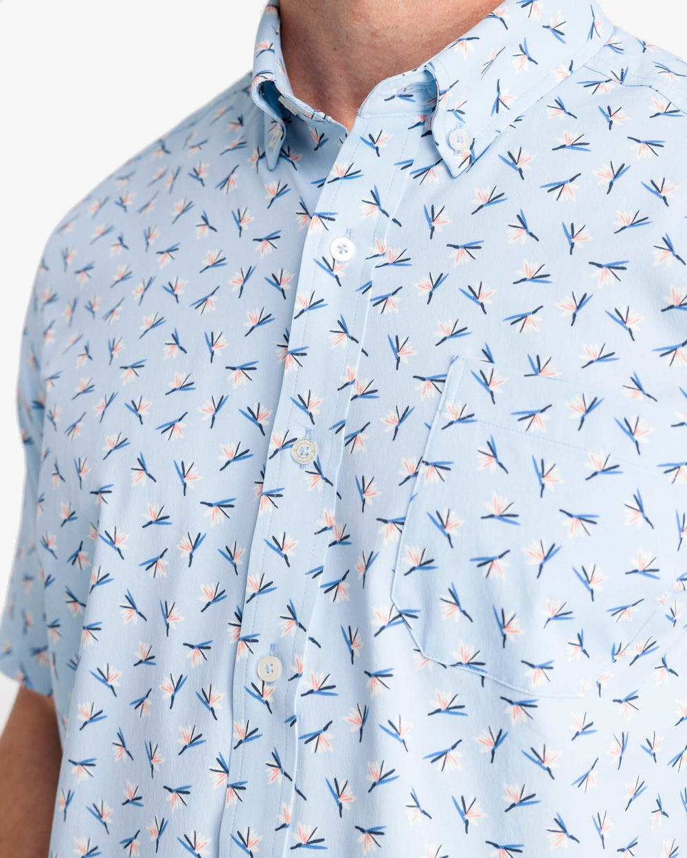 The detail view of the Southern Tide Paradise Park Printed Intercoastal Short Sleeve Button Down by Southern Tide - Rain Water