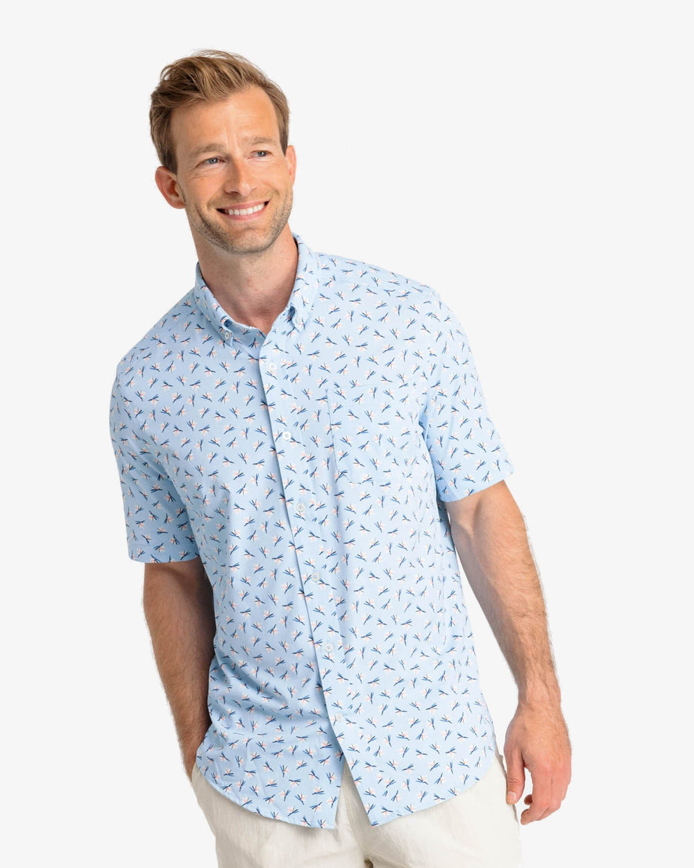 The front view of the Southern Tide Paradise Park Printed Intercoastal Short Sleeve Button Down by Southern Tide - Rain Water