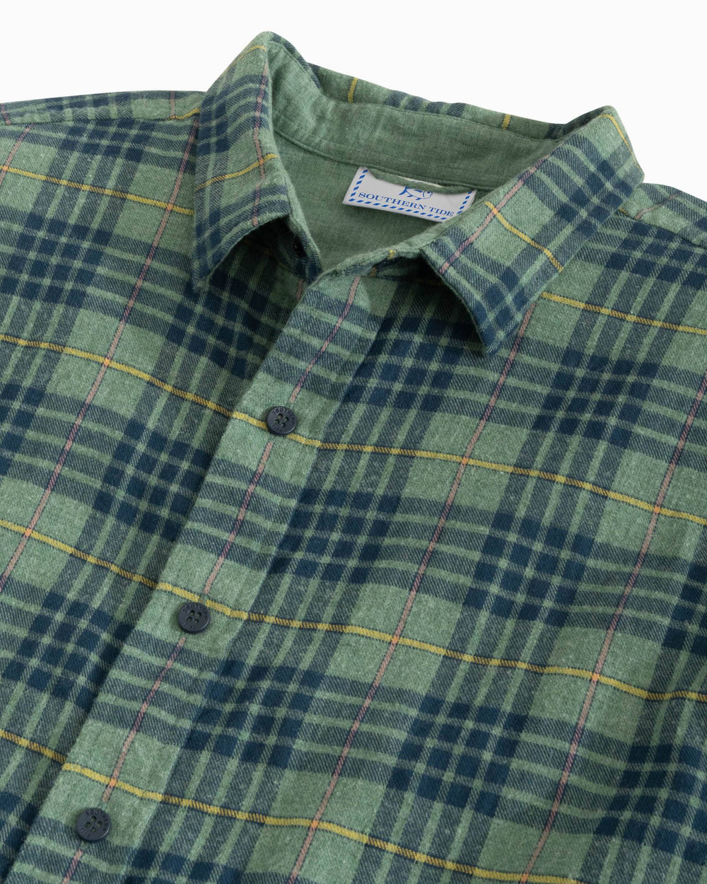The detail view of the Southern Tide Payton Heather Reversible Plaid Sport Shirt by Southern Tide - Heather Dark Ivy