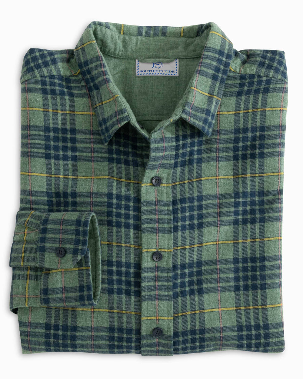 The folded view of the Southern Tide Payton Heather Reversible Plaid Sport Shirt by Southern Tide - Heather Dark Ivy